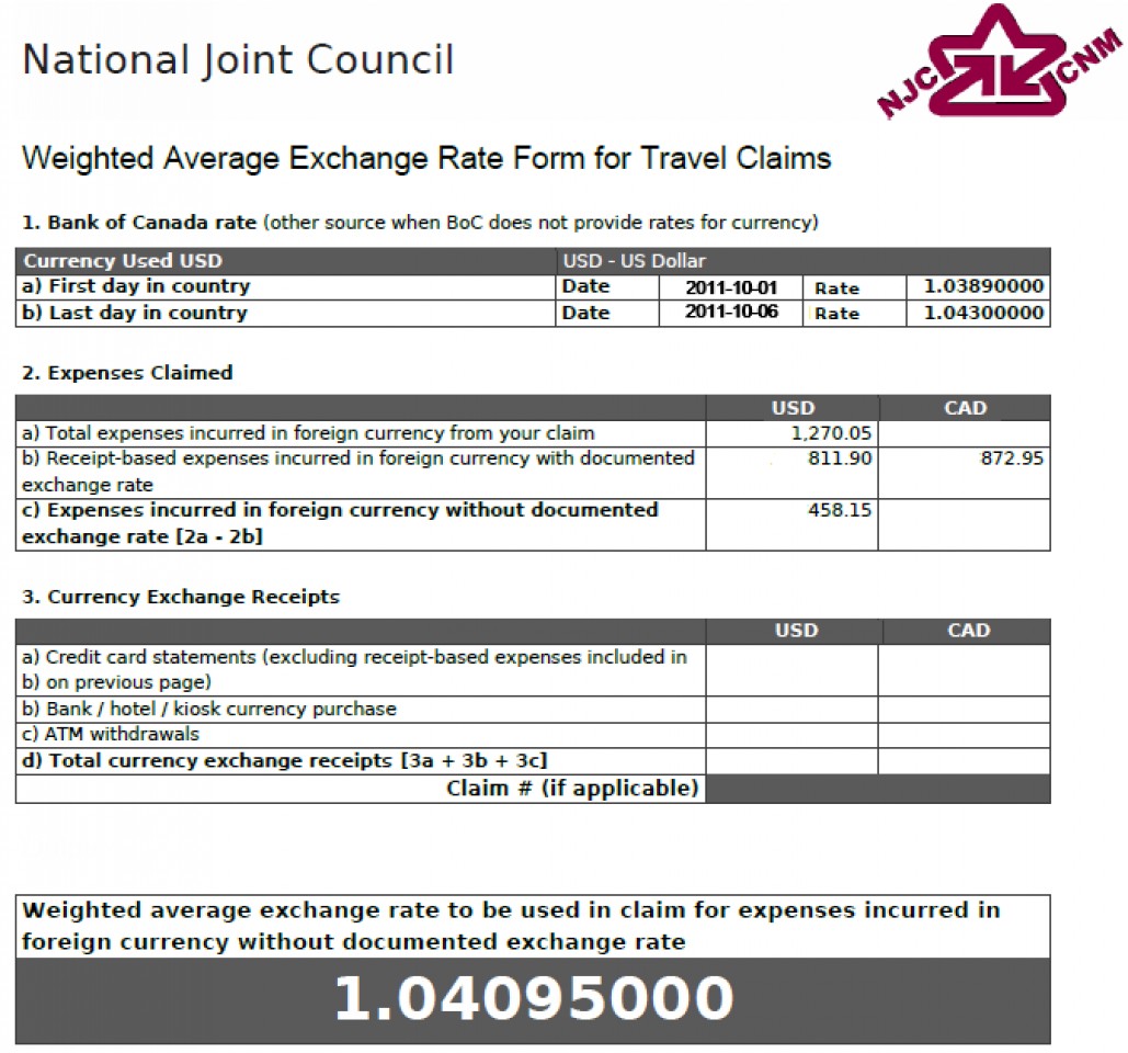 Weighted Average Exchange Rate Form showing rate of 1.04095000