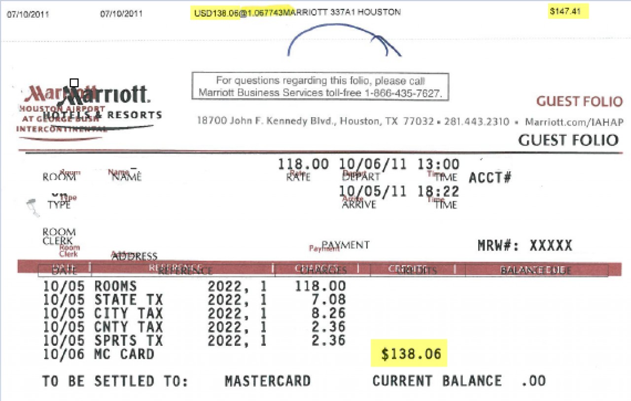 Hotel receipt indicating MasterCard credit of $138.06 at exchange rate of USD 1.067743 for a total of $147.41