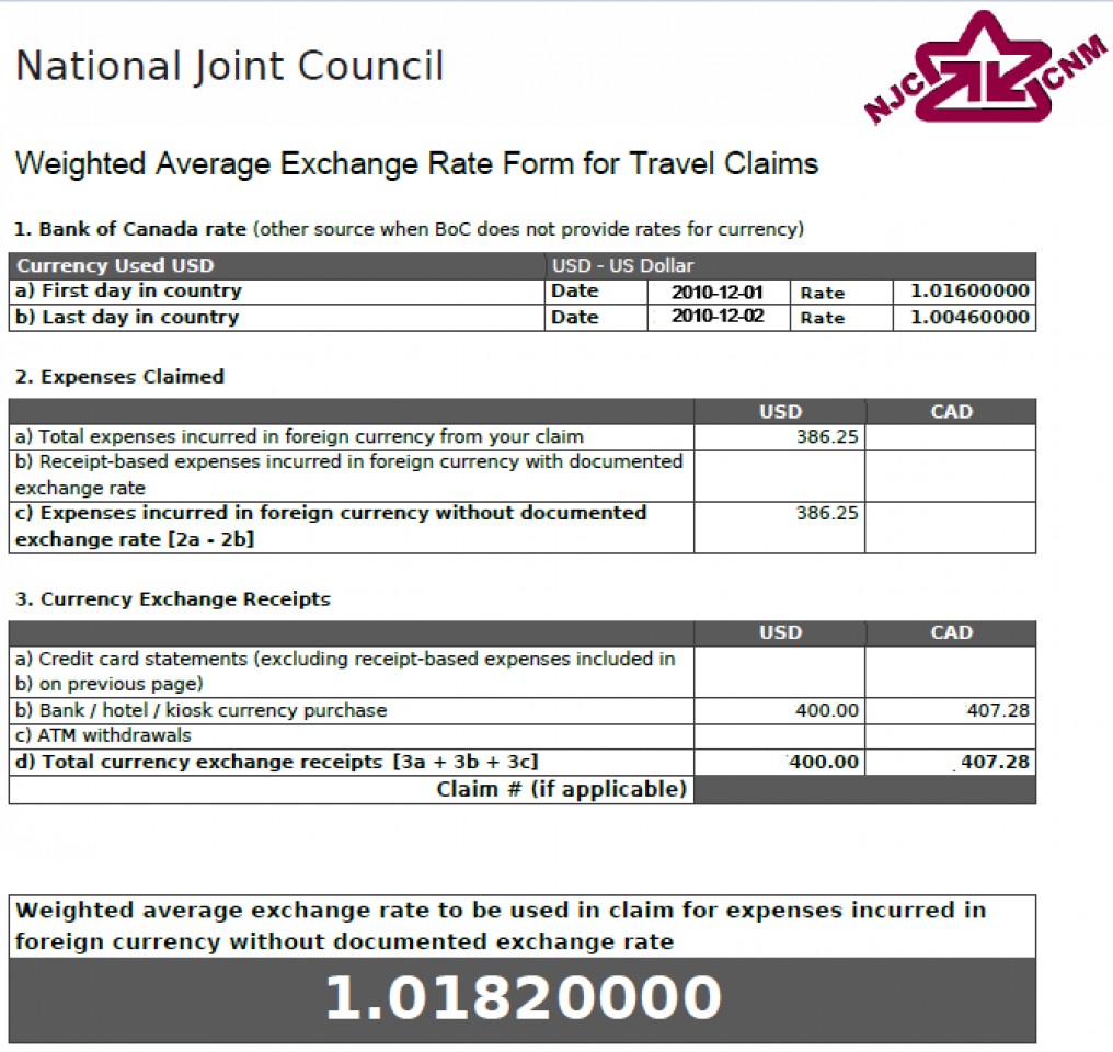 Weighted Average Exchange Rate Form showing a rate of 1.01820000