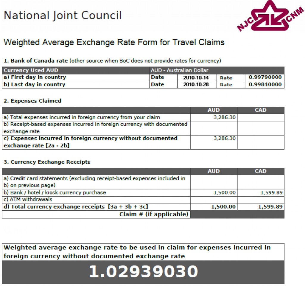 Weighted Average Exchange Rate Form showing a rate of 1.02939030