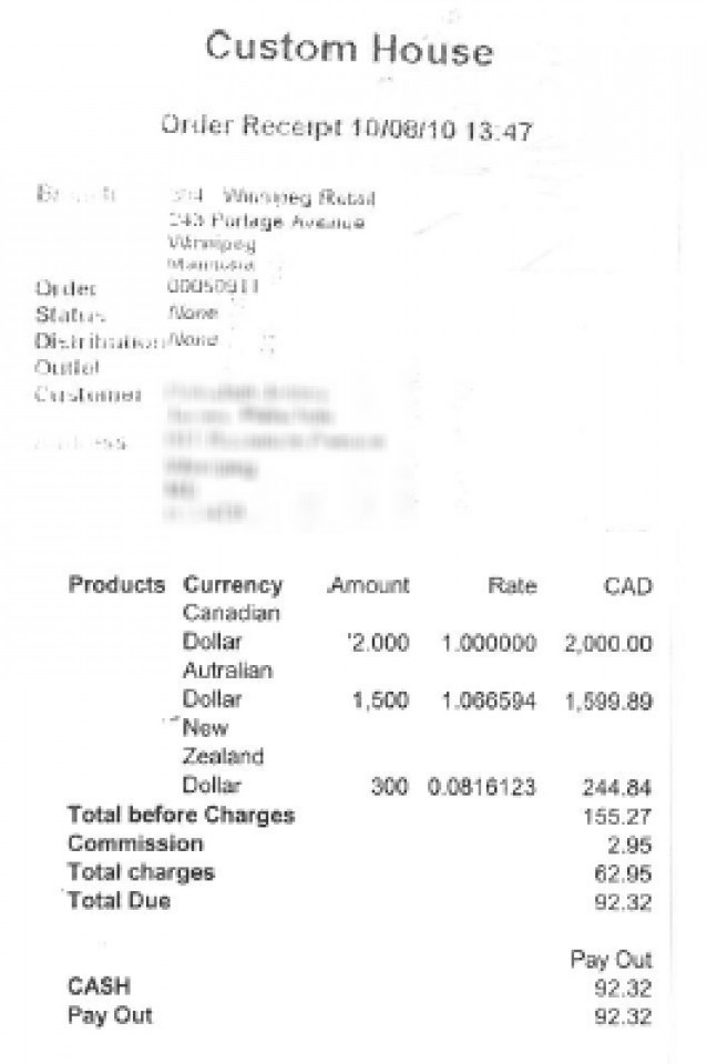 Currency exchange receipt from AUD to CAD showing $1,500 AUD exchanged at a rate of 1.066594 totaling $1,599.89 CAD. These amounts are entered into step 3 of the calculator.