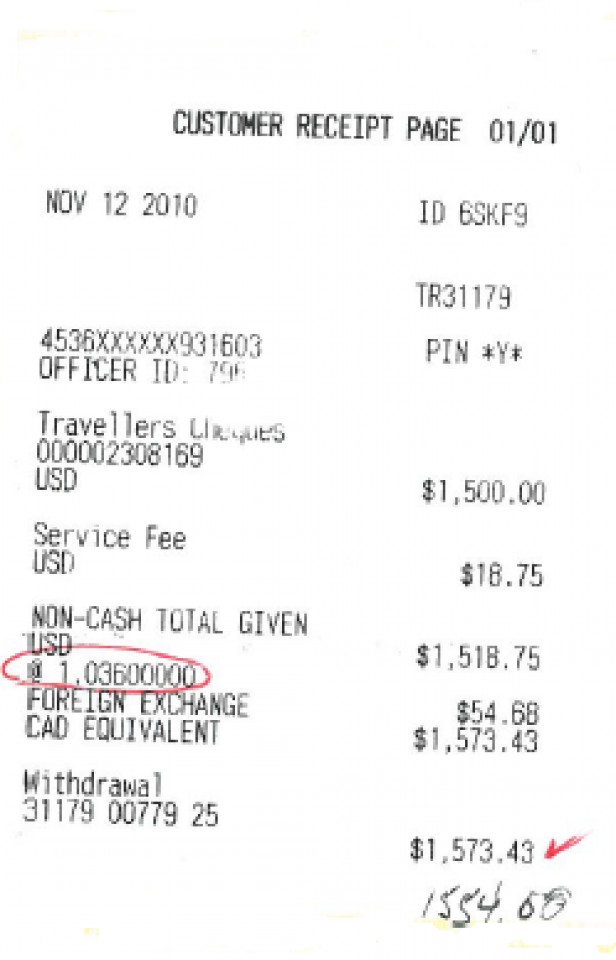 Currency exchange receipt for $1,518.75 at a rate of 1.036 for a total of $1,554.00