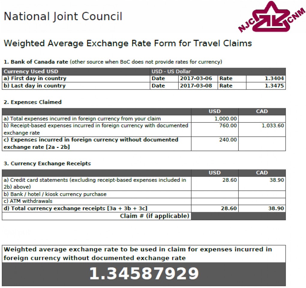 Weighted Average Exchange Rate Form - With Meal on Credit Card showing a rate of 1.34587929