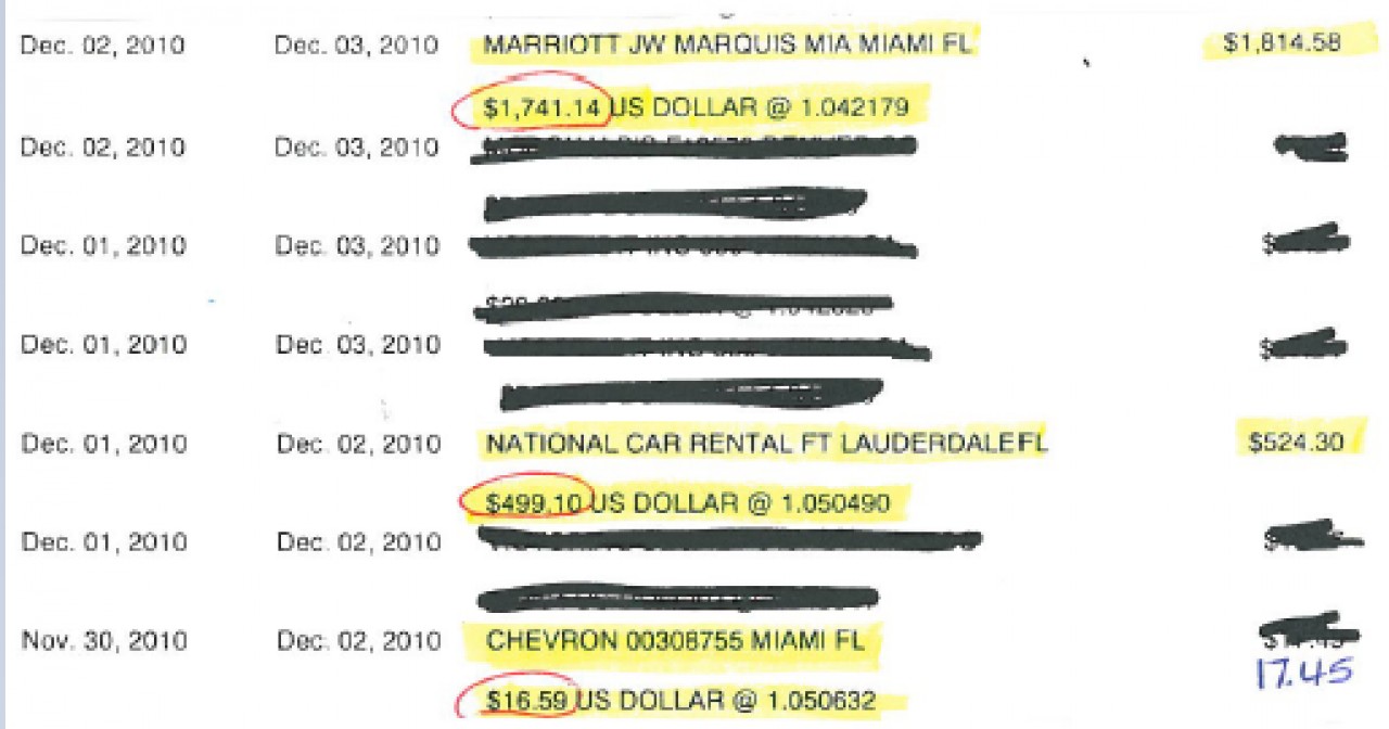 Credit card receipt indicating exchange rates used for purchases (1.042179 for hotel, 1.050490 for car rental, 1,050632 for gas)