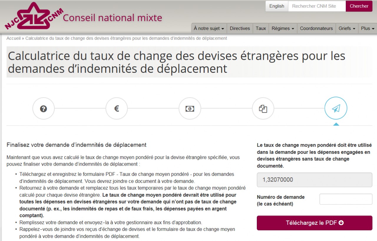 Calculatrice du taux de change des devises étrangères - Page 5 - Finalisez votre demande d’indemnités de déplacement