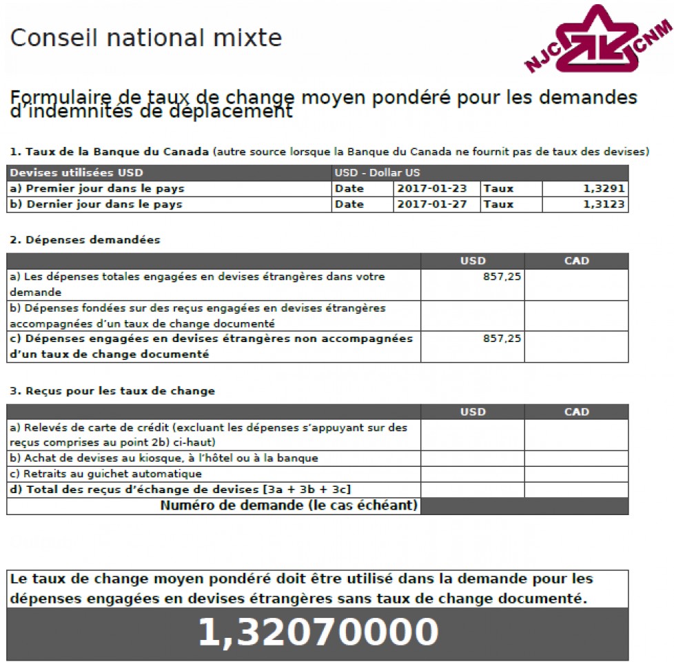 Formulaire de taux de change moyen pondéré indiquant un taux de 1,32070000