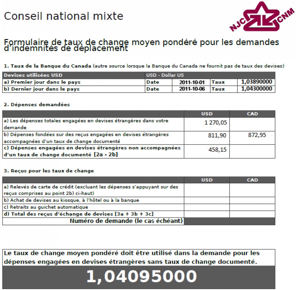 Formulaire de taux de change moyen pondéré indiquant un change de 1,04095000