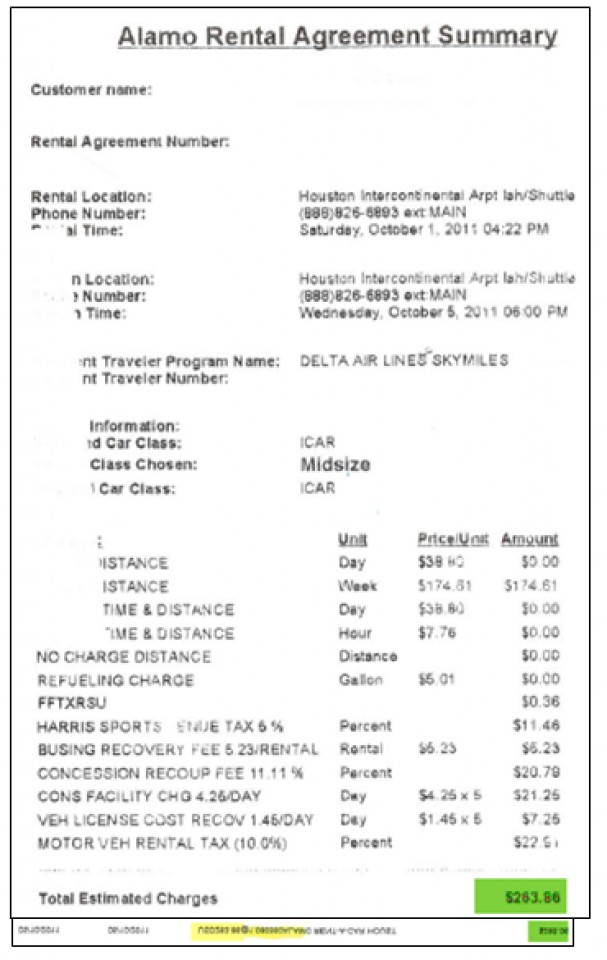 Reçu de location de voiture indiquant un coût de 263,96 $ au taux de change d'USD de 1,08035 pour un total de 284,06 $