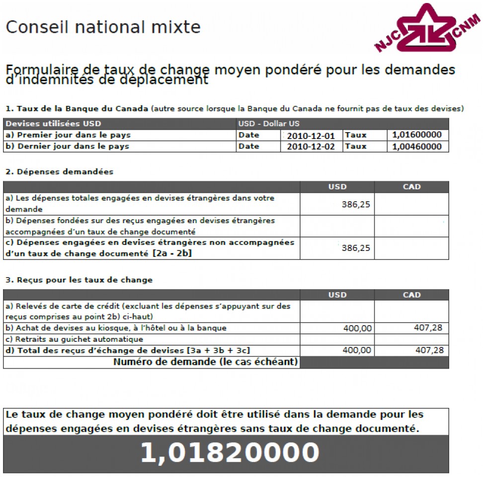 Formulaire de taux de change moyen pondéré indiquant un taux de 1,01820000