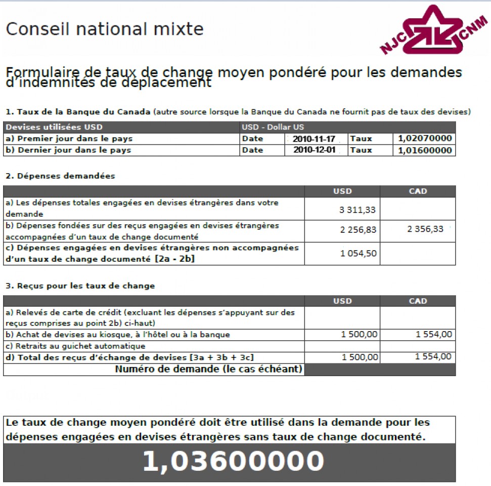 Formulaire de taux indiquant un taux de 1,03600000