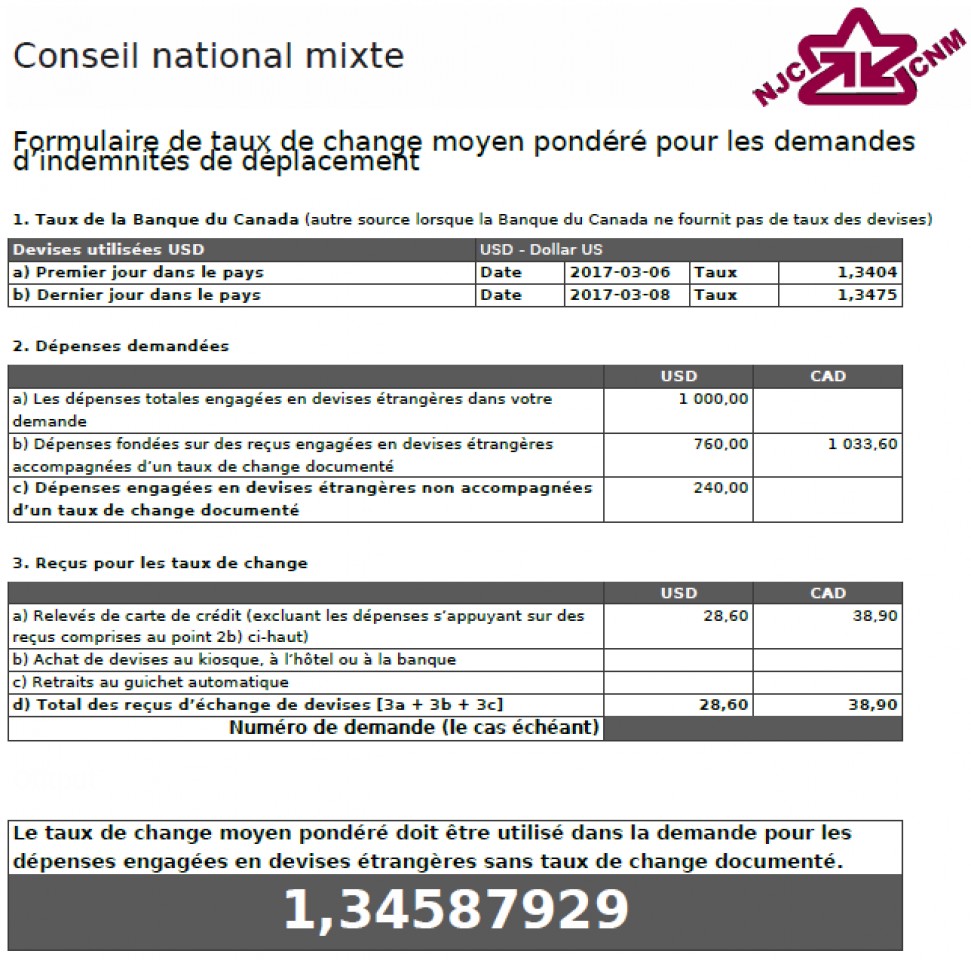 Formulaire de taux de change moyen pondéré – avec le repas sur la carte de crédit indiquant un taux de 1,34587929